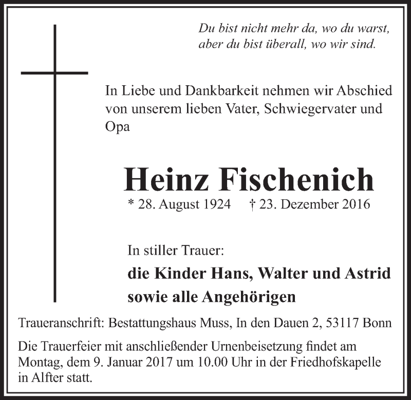  Traueranzeige für Heinz Fischenich vom 04.01.2017 aus  Schaufenster/Blickpunkt 