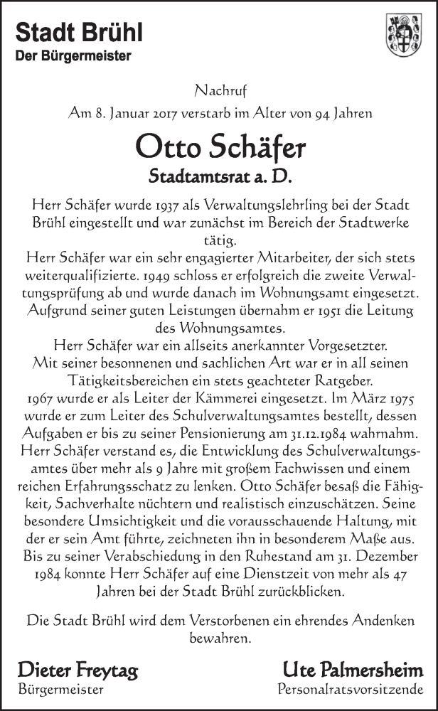  Traueranzeige für Otto Schäfer vom 25.01.2017 aus  Schlossbote/Werbekurier 