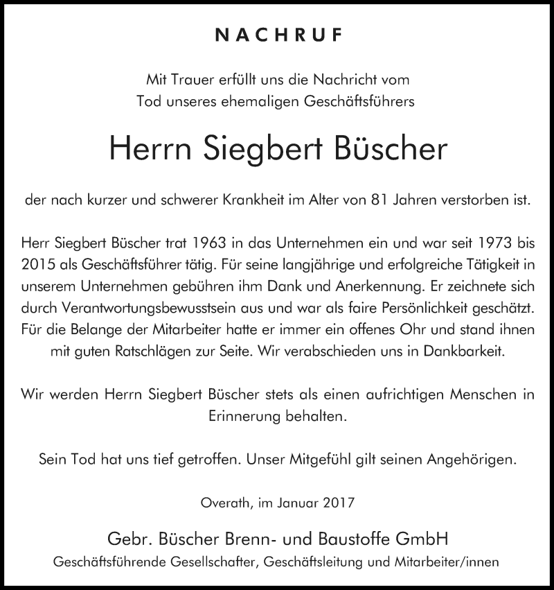  Traueranzeige für Siegbert Büscher vom 06.01.2017 aus Kölner Stadt-Anzeiger / Kölnische Rundschau / Express