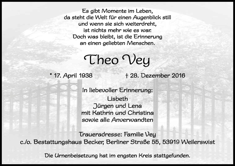  Traueranzeige für Theo Vey vom 07.01.2017 aus Kölner Stadt-Anzeiger / Kölnische Rundschau / Express