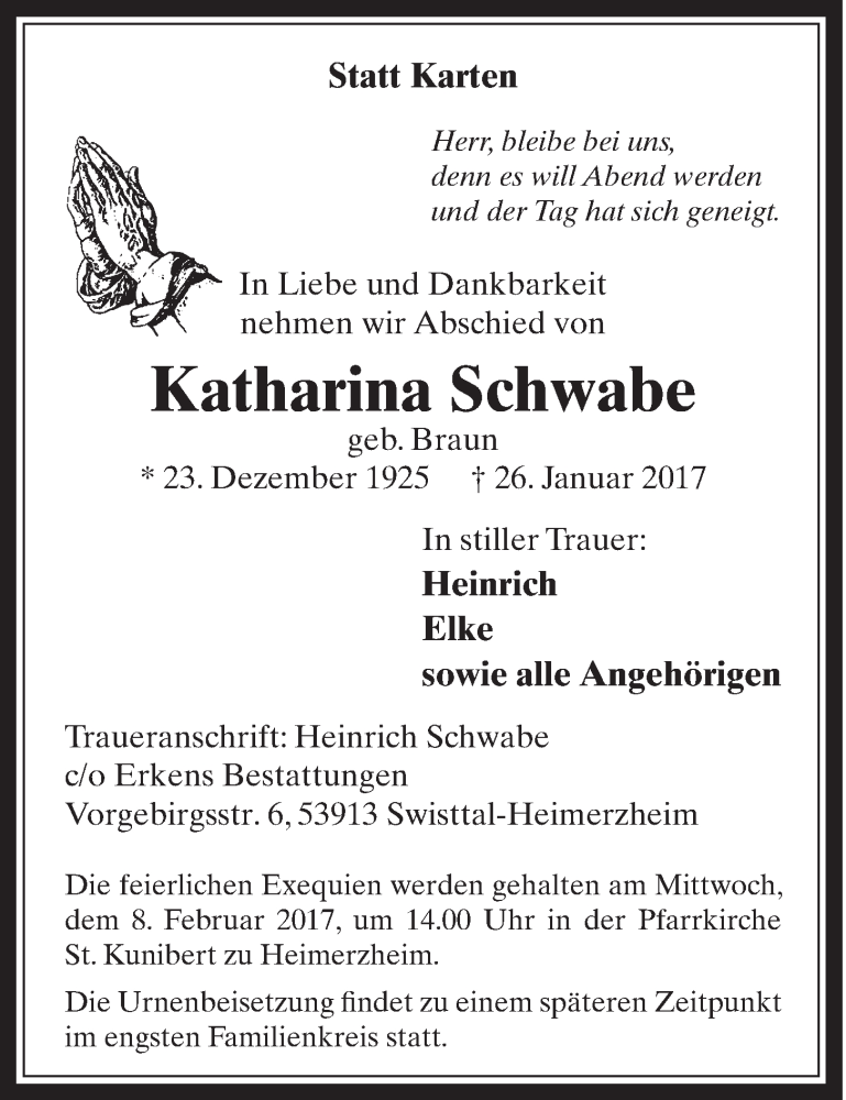  Traueranzeige für Katharina Schwabe vom 01.02.2017 aus  Schaufenster/Blickpunkt 