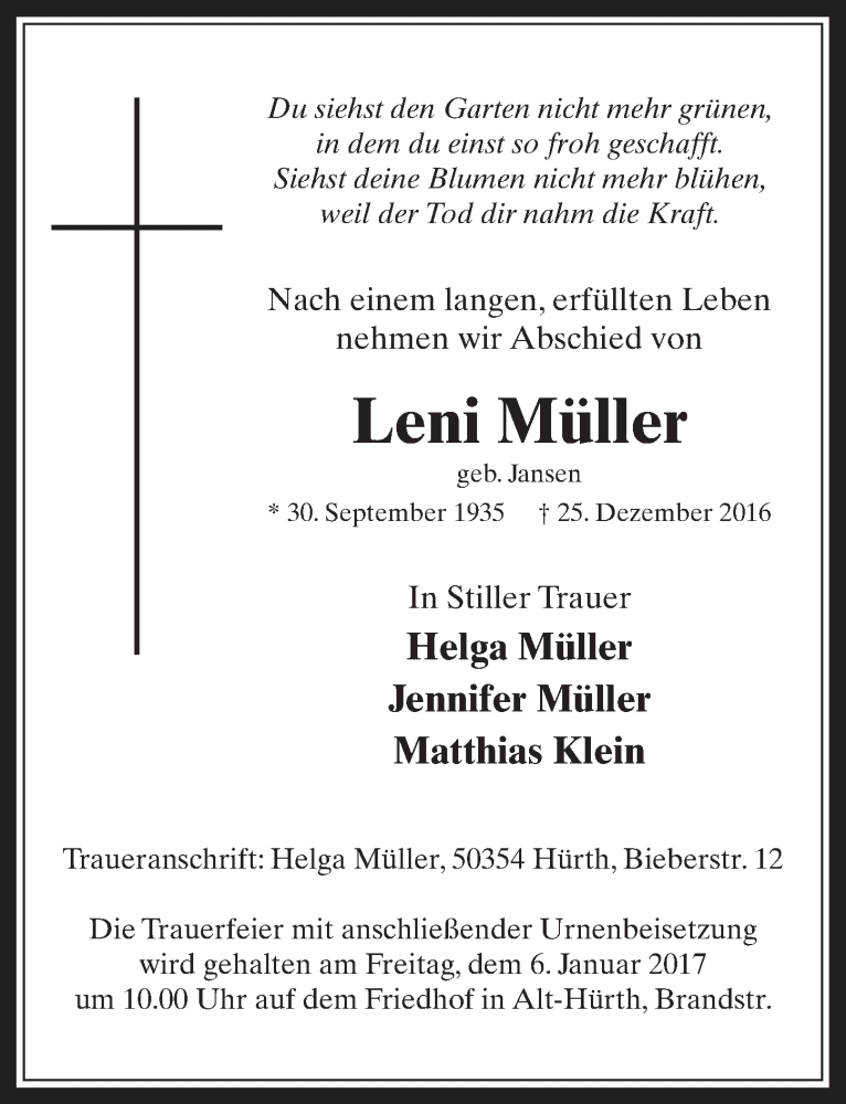  Traueranzeige für Leni Müller vom 04.01.2017 aus  Wochenende 