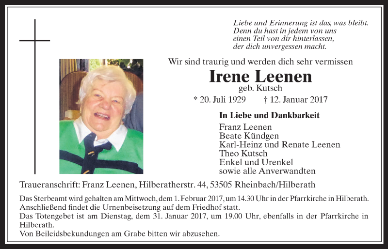  Traueranzeige für Irene Leenen vom 25.01.2017 aus  Schaufenster/Blickpunkt 