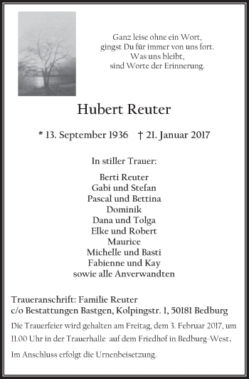 Anzeige von Hubert Reuter von  Werbepost 