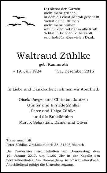 Anzeige von Waltraud Zühlke von Kölner Stadt-Anzeiger / Kölnische Rundschau / Express