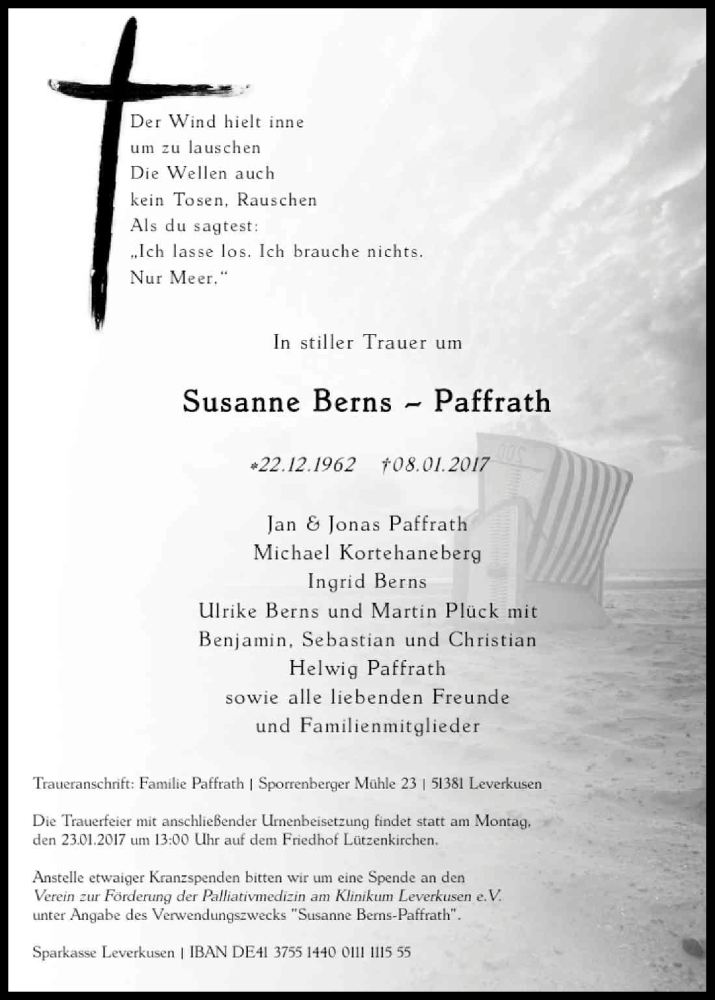  Traueranzeige für Susanne Berns-Paffrath vom 19.01.2017 aus Kölner Stadt-Anzeiger / Kölnische Rundschau / Express