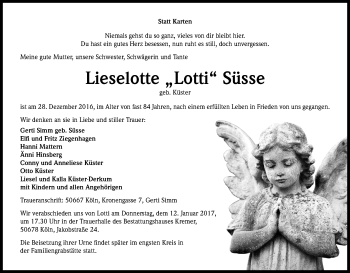 Anzeige von Lieselotte Süsse von Kölner Stadt-Anzeiger / Kölnische Rundschau / Express