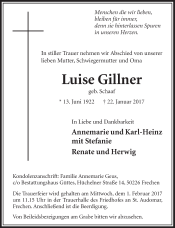 Anzeige von Luise Gillner von  Sonntags-Post 