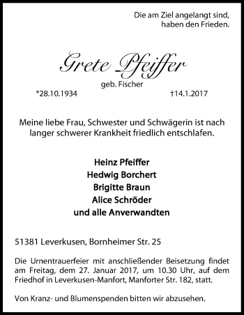 Anzeige von Grete Pfeiffer von Kölner Stadt-Anzeiger / Kölnische Rundschau / Express