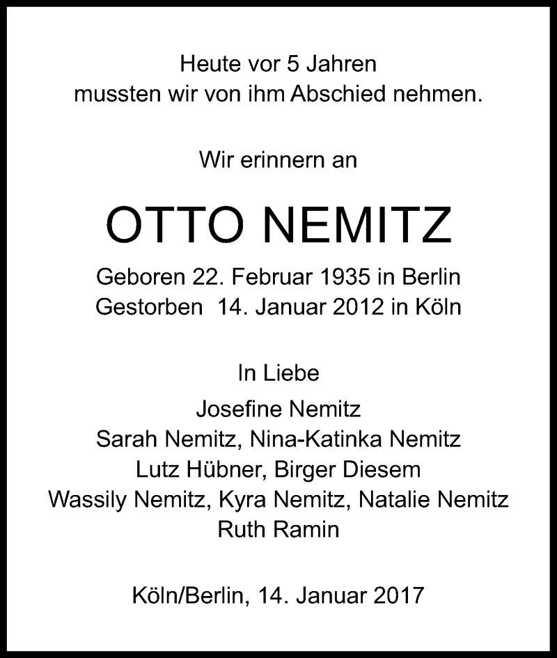  Traueranzeige für Otto Nemitz vom 14.01.2017 aus Kölner Stadt-Anzeiger / Kölnische Rundschau / Express