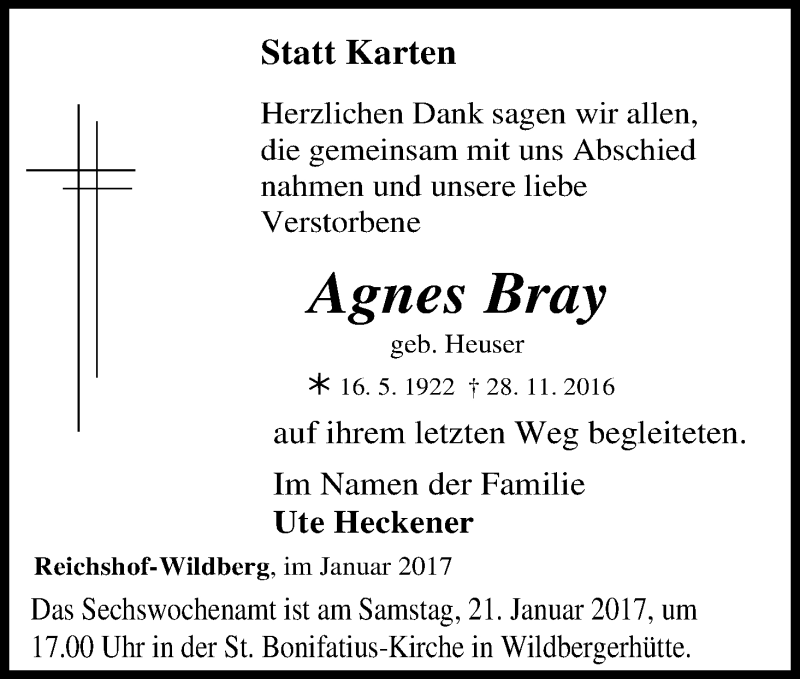  Traueranzeige für Agnes Bray vom 18.01.2017 aus Kölner Stadt-Anzeiger / Kölnische Rundschau / Express