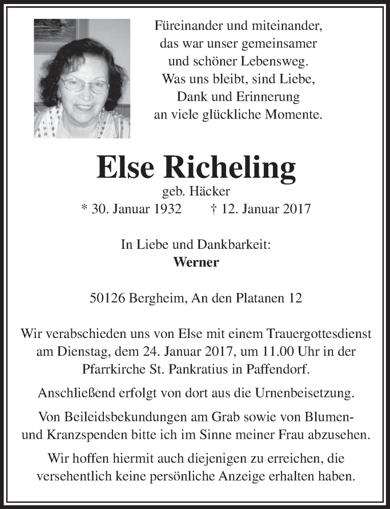  Traueranzeige für Else Richeling vom 21.01.2017 aus  Sonntags-Post 