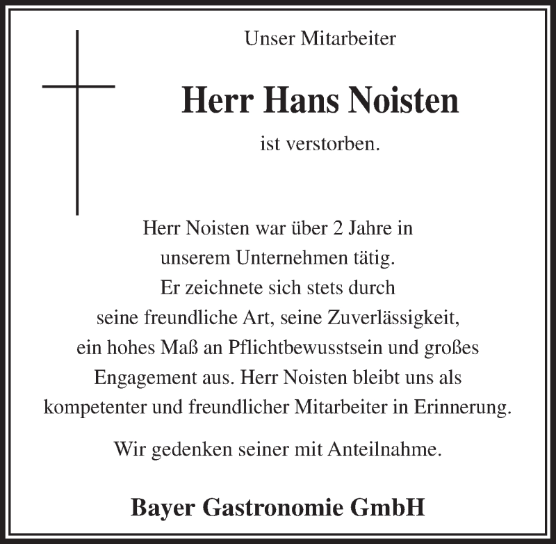  Traueranzeige für Hans Noisten vom 18.01.2017 aus  Kölner Wochenspiegel 