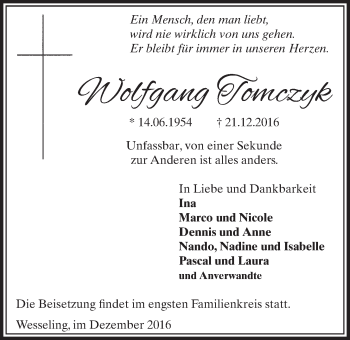 Anzeige von Wolfgang Tomczyk von  Schlossbote/Werbekurier 