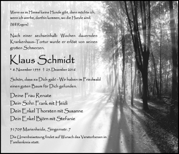 Anzeige von Klaus Schmidt von  Anzeigen Echo 