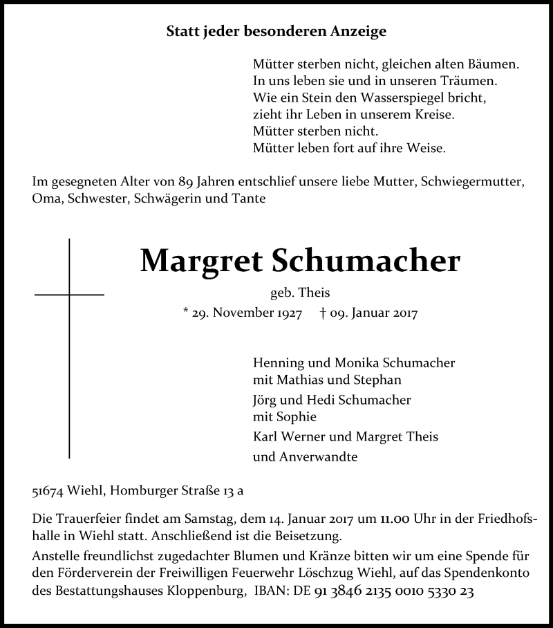  Traueranzeige für Margret Schumacher vom 11.01.2017 aus Kölner Stadt-Anzeiger / Kölnische Rundschau / Express