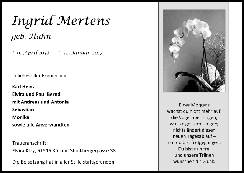  Traueranzeige für Ingrid Mertens vom 20.01.2017 aus Kölner Stadt-Anzeiger / Kölnische Rundschau / Express