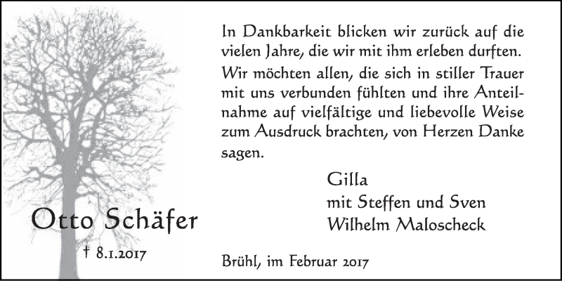  Traueranzeige für Otto Schäfer vom 01.02.2017 aus  Schlossbote/Werbekurier 