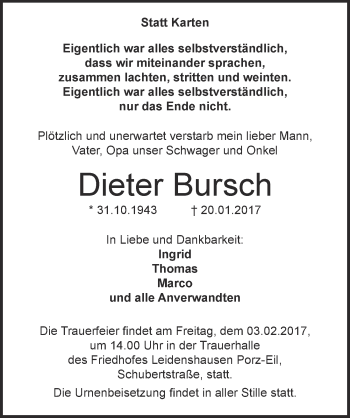 Anzeige von Dieter Bursch von  Kölner Wochenspiegel 