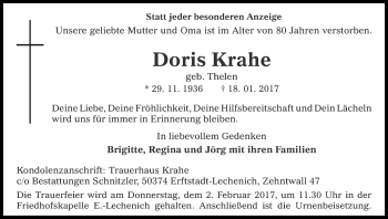 Anzeige von Doris Krahe von Kölner Stadt-Anzeiger / Kölnische Rundschau / Express