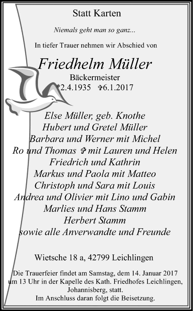  Traueranzeige für Friedhelm Müller vom 11.01.2017 aus Kölner Stadt-Anzeiger / Kölnische Rundschau / Express
