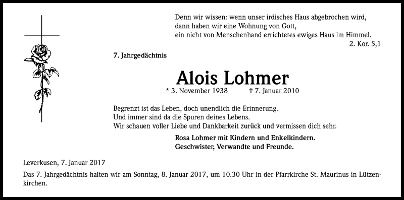  Traueranzeige für Alois Lohmer vom 07.01.2017 aus Kölner Stadt-Anzeiger / Kölnische Rundschau / Express