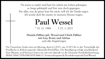 Anzeige von Paul Wessel von Kölner Stadt-Anzeiger / Kölnische Rundschau / Express