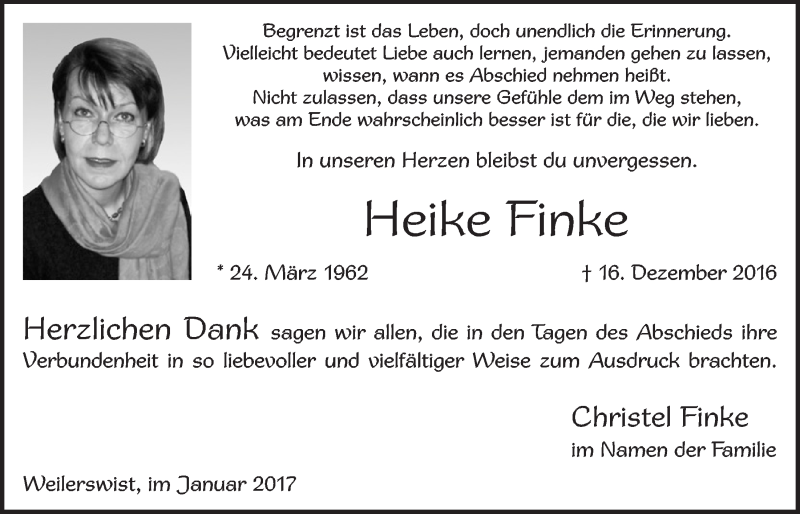  Traueranzeige für Heike Finke vom 11.01.2017 aus  Schlossbote/Werbekurier 