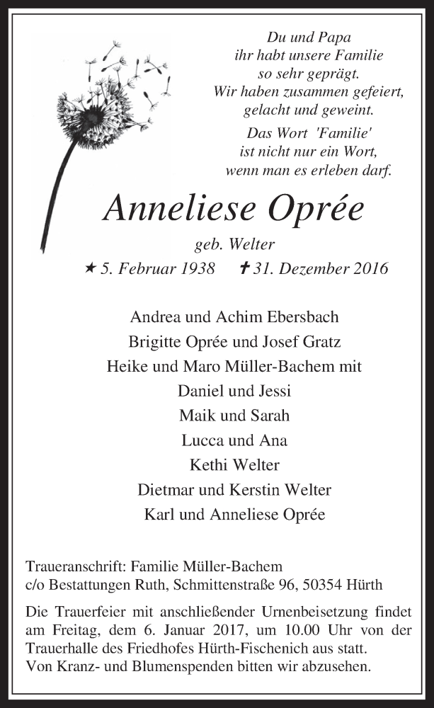  Traueranzeige für Anneliese Oprée vom 04.01.2017 aus  Wochenende 