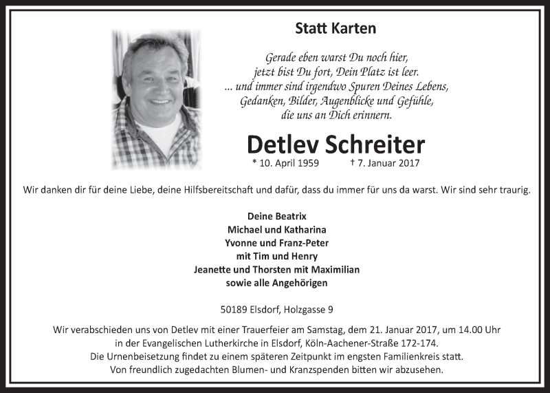  Traueranzeige für Detlev Schreiter vom 14.01.2017 aus  Sonntags-Post 
