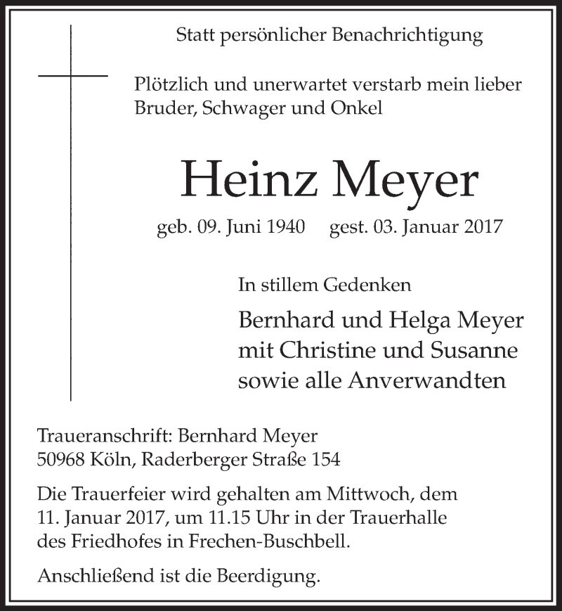  Traueranzeige für Heinz Meyer vom 07.01.2017 aus  Sonntags-Post 