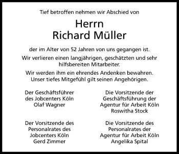 Anzeige von Richard Müller von Kölner Stadt-Anzeiger / Kölnische Rundschau / Express