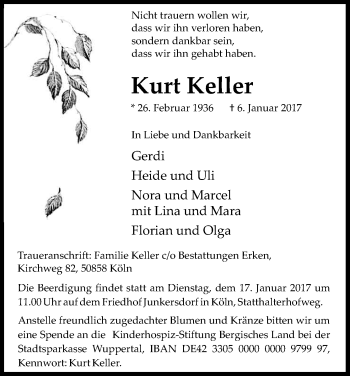 Anzeige von Kurt Keller von Kölner Stadt-Anzeiger / Kölnische Rundschau / Express