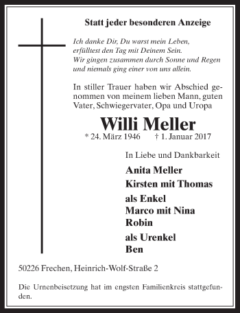 Anzeige von Willi Meller von  Wochenende 
