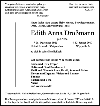 Anzeige von Edith Anna Droßmann von Kölner Stadt-Anzeiger / Kölnische Rundschau / Express