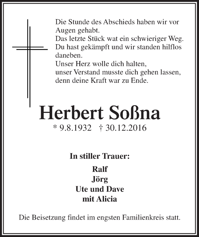  Traueranzeige für Herbert Soßna vom 04.01.2017 aus  Anzeigen Echo 