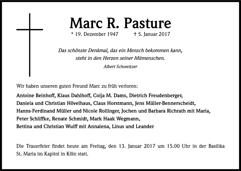  Traueranzeige für Marc R. Pasture vom 13.01.2017 aus Kölner Stadt-Anzeiger / Kölnische Rundschau / Express