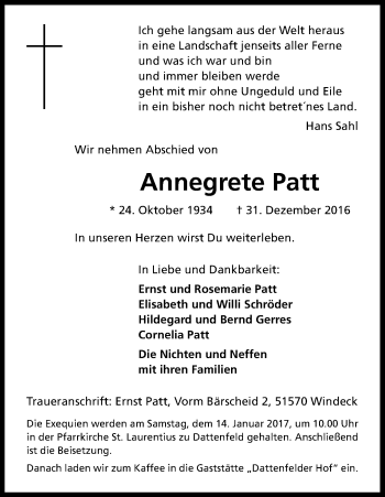 Anzeige von Annegrete Patt von Kölner Stadt-Anzeiger / Kölnische Rundschau / Express