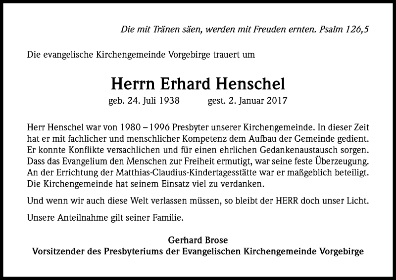  Traueranzeige für Erhard Henschel vom 14.01.2017 aus Kölner Stadt-Anzeiger / Kölnische Rundschau / Express
