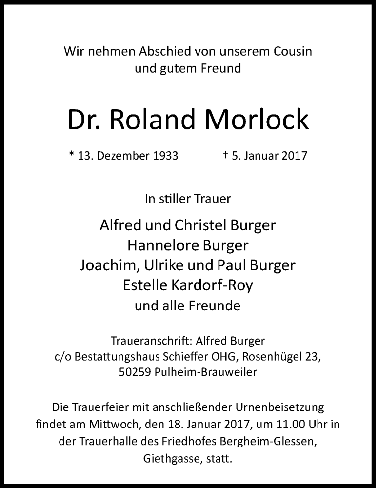  Traueranzeige für Roland Morlock vom 14.01.2017 aus Kölner Stadt-Anzeiger / Kölnische Rundschau / Express