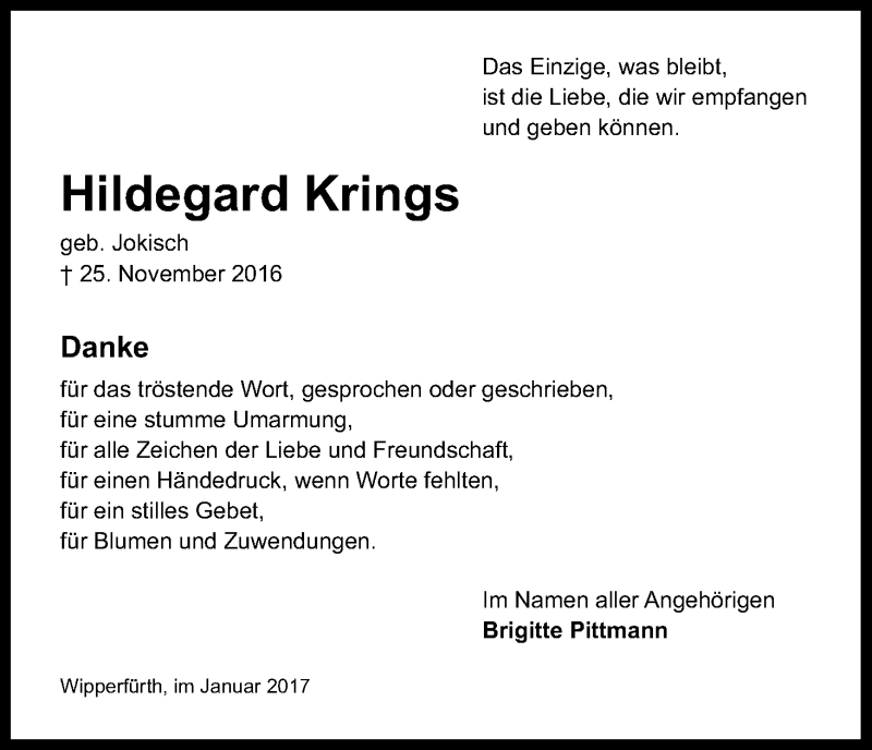  Traueranzeige für Hildegard Krings vom 07.01.2017 aus Kölner Stadt-Anzeiger / Kölnische Rundschau / Express