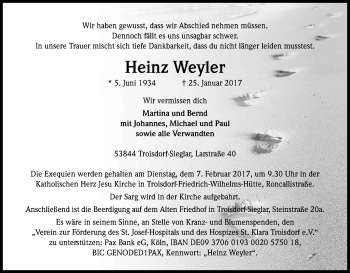 Anzeige von Heinz Weyler von Kölner Stadt-Anzeiger / Kölnische Rundschau / Express