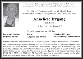 Anzeige von Anneliese Irrgang von  Wochenende 