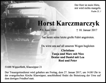 Anzeige von Horst Karczmarczyk von Kölner Stadt-Anzeiger / Kölnische Rundschau / Express