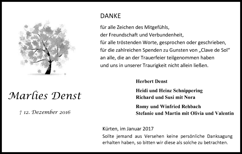  Traueranzeige für Marlies Denst vom 28.01.2017 aus Kölner Stadt-Anzeiger / Kölnische Rundschau / Express