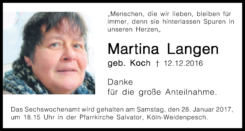 Traueranzeige für Martina Langen vom 21.01.2017 aus Kölner Stadt-Anzeiger / Kölnische Rundschau / Express