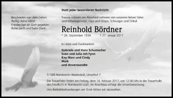 Anzeige von Reinhold Bördner von Kölner Stadt-Anzeiger / Kölnische Rundschau / Express