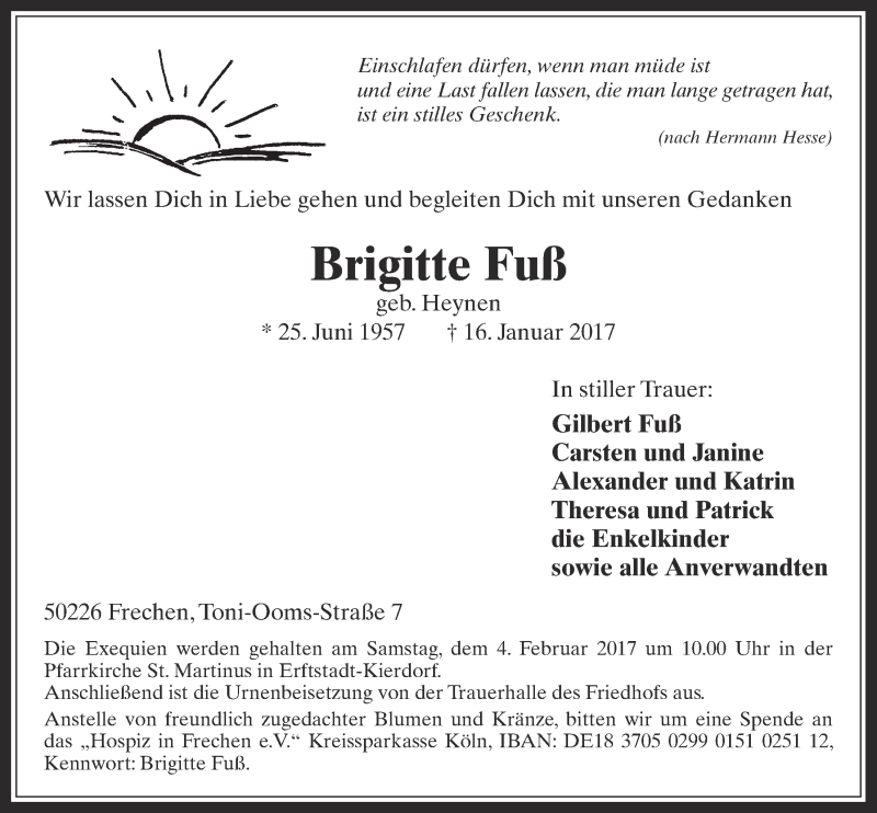  Traueranzeige für Brigitte Fuß vom 01.02.2017 aus  Wochenende 