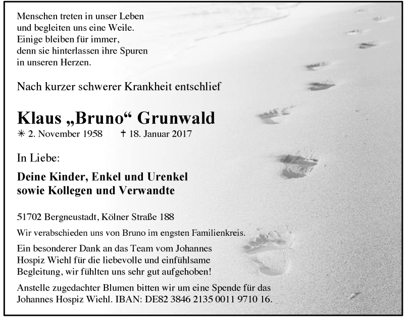  Traueranzeige für Klaus Grunwald vom 25.01.2017 aus  Anzeigen Echo 