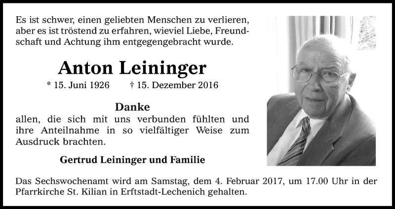  Traueranzeige für Anton Leininger vom 28.01.2017 aus Kölner Stadt-Anzeiger / Kölnische Rundschau / Express